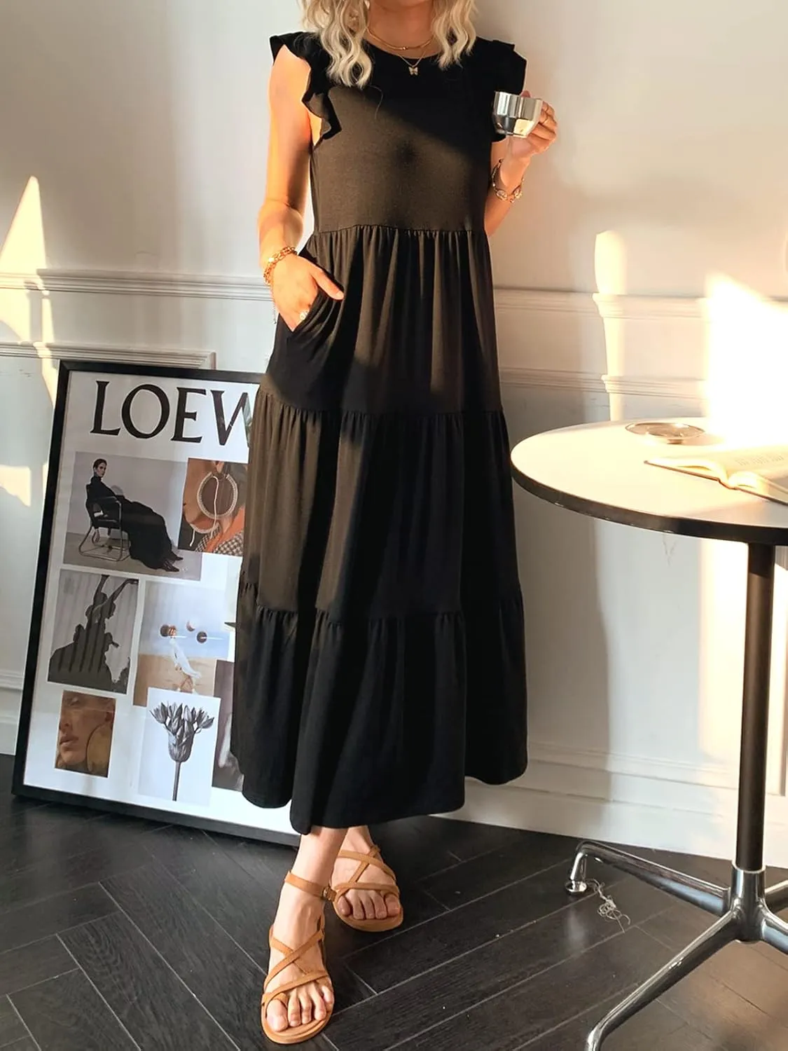 Women's Summer Sleeveless Maxi Dress Ruffle Sleeve Crewneck Tiered Flowy Pleated Casual A Line Sundress with Pockets