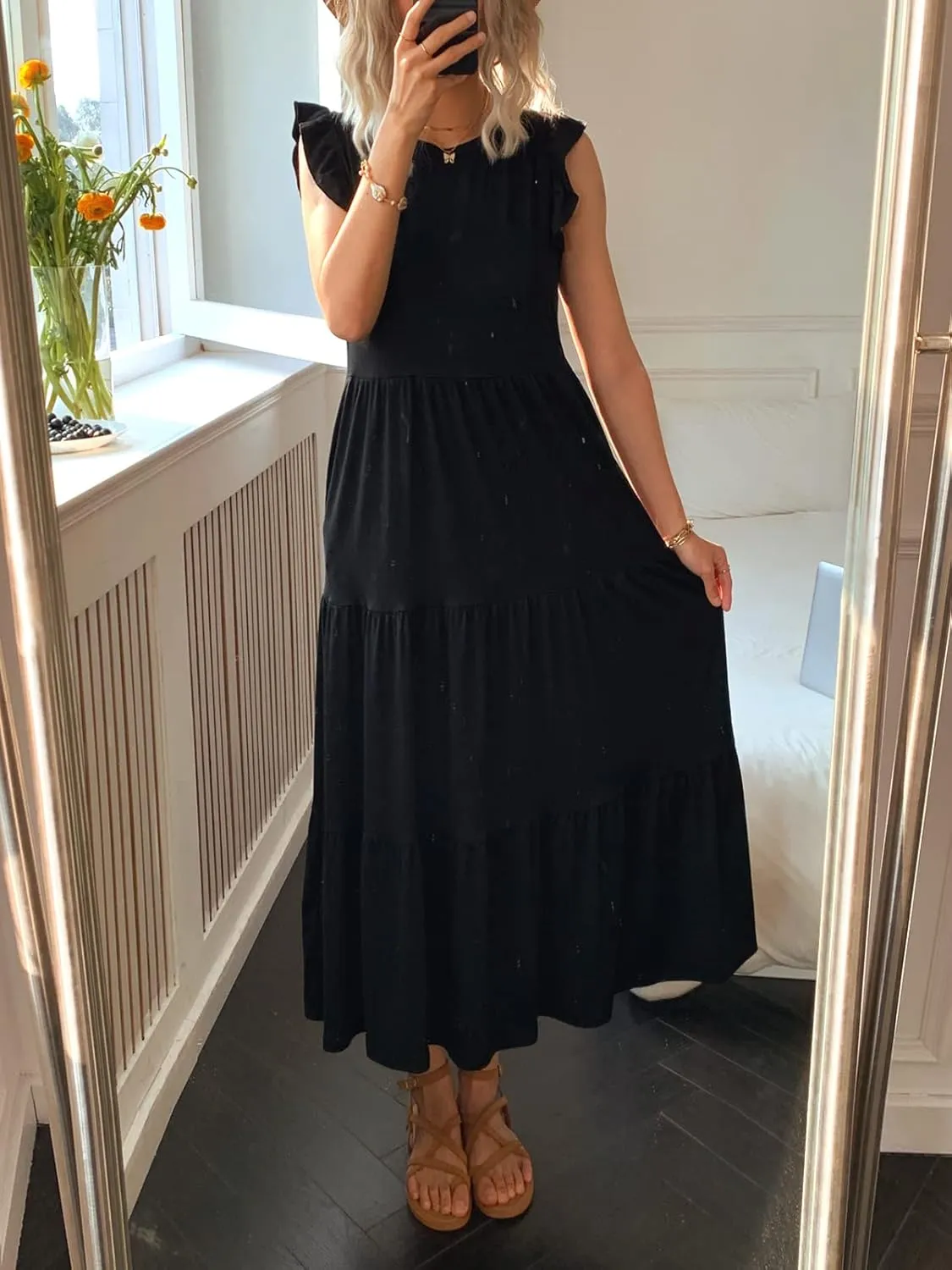 Women's Summer Sleeveless Maxi Dress Ruffle Sleeve Crewneck Tiered Flowy Pleated Casual A Line Sundress with Pockets