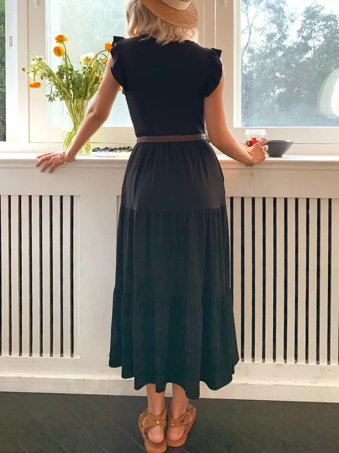 Women's Summer Sleeveless Maxi Dress Ruffle Sleeve Crewneck Tiered Flowy Pleated Casual A Line Sundress with Pockets