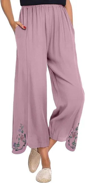 Women's Summer Solid Color Embroidery Linen Wide Leg Pants Elastic Waist Casual Capris Palazzo Trousers with Pockets