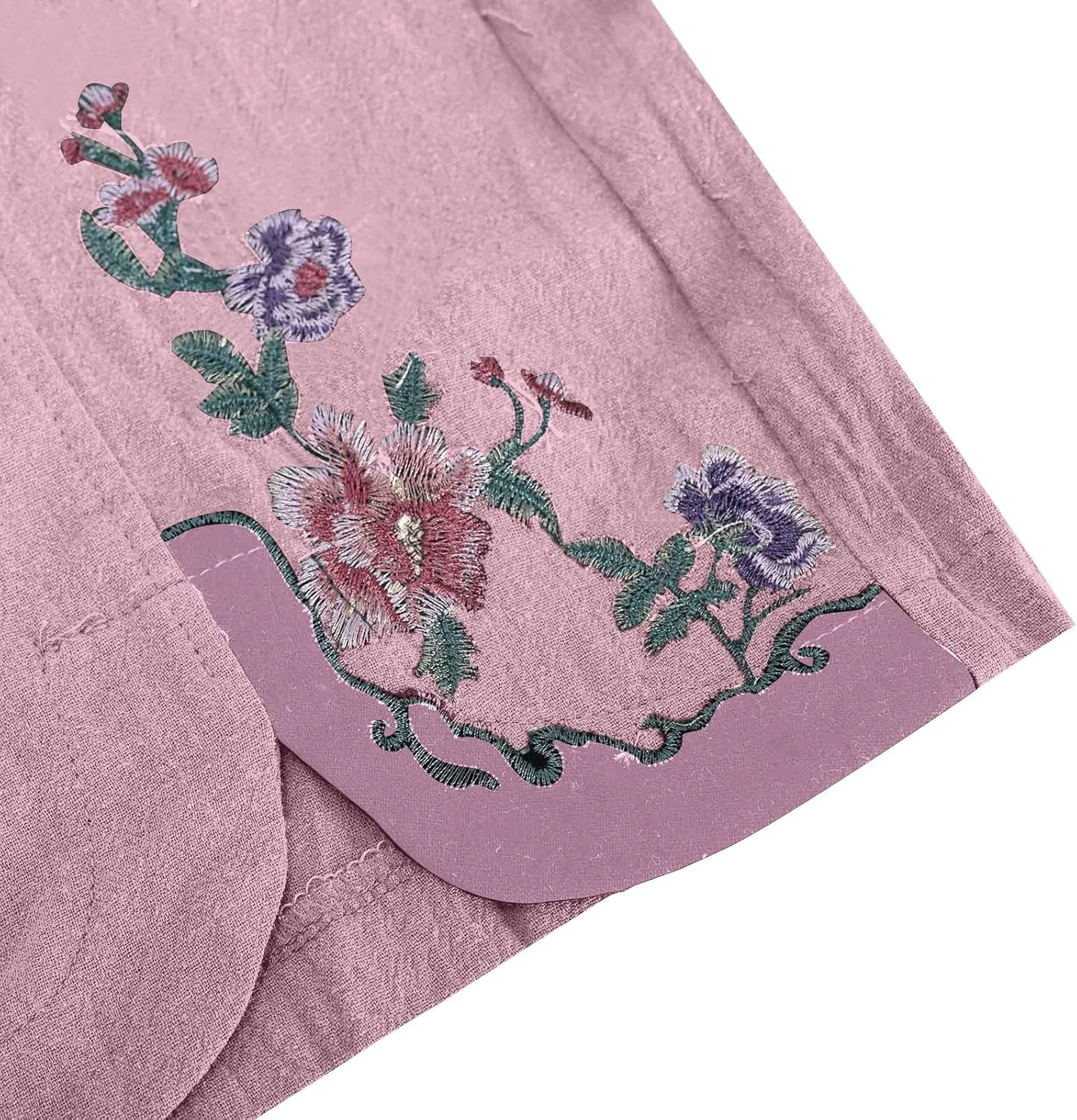 Women's Summer Solid Color Embroidery Linen Wide Leg Pants Elastic Waist Casual Capris Palazzo Trousers with Pockets