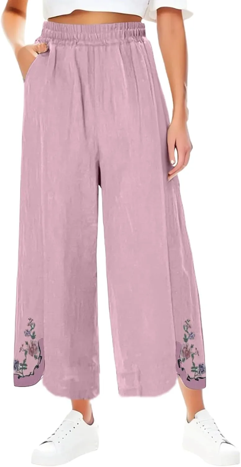 Women's Summer Solid Color Embroidery Linen Wide Leg Pants Elastic Waist Casual Capris Palazzo Trousers with Pockets