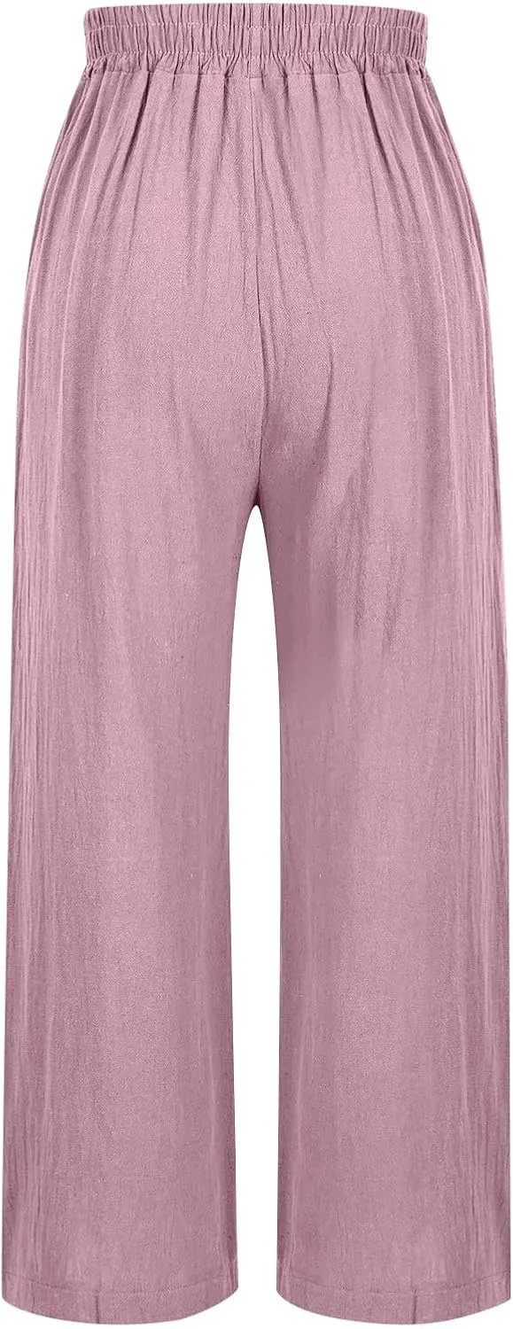 Women's Summer Solid Color Embroidery Linen Wide Leg Pants Elastic Waist Casual Capris Palazzo Trousers with Pockets