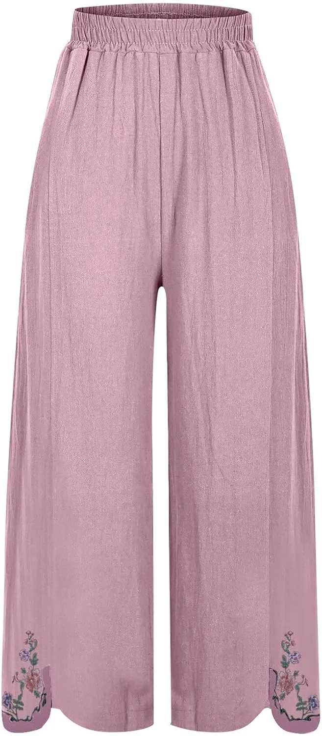 Women's Summer Solid Color Embroidery Linen Wide Leg Pants Elastic Waist Casual Capris Palazzo Trousers with Pockets