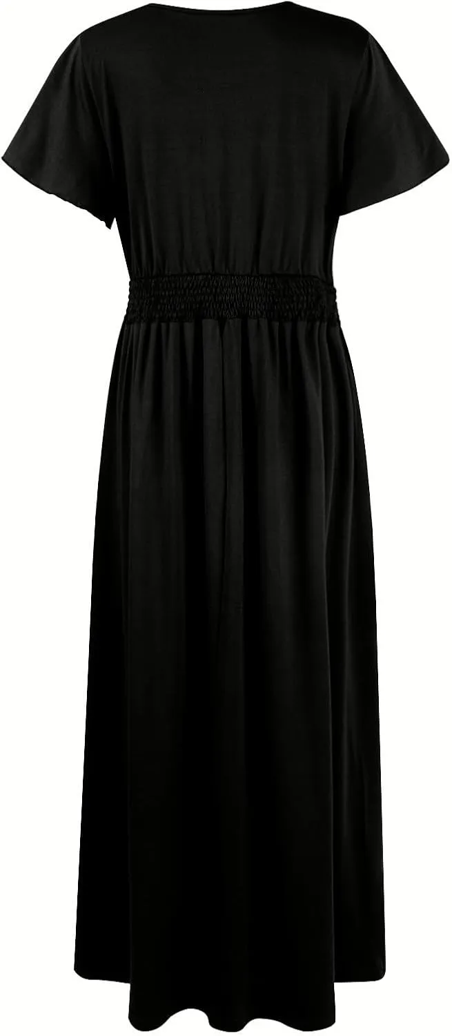 Womens Summer Wrap Maxi Dress Casual Boho Floral V Neck Short Sleeve Plus Size Hem Split Beach Long Dresses