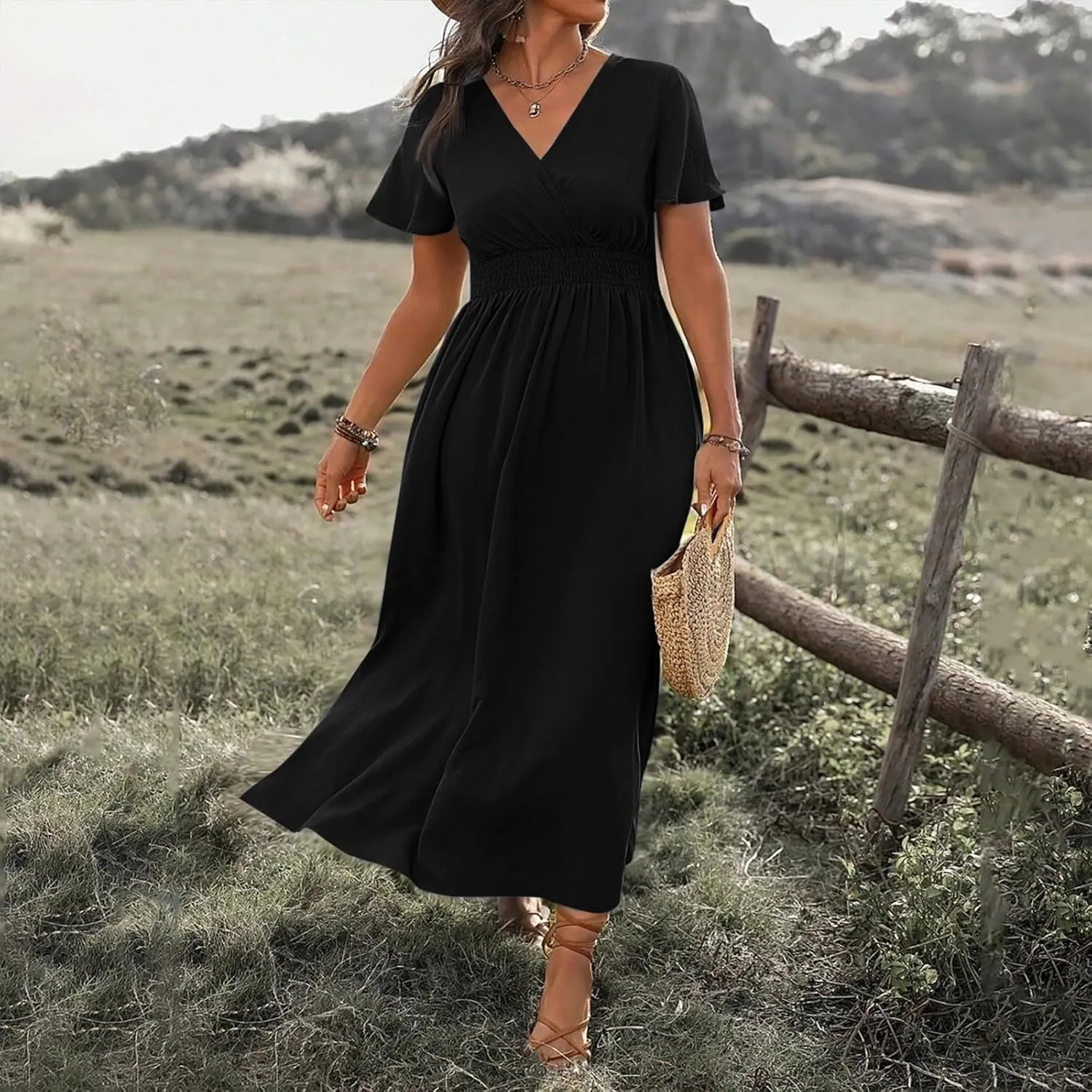 Womens Summer Wrap Maxi Dress Casual Boho Floral V Neck Short Sleeve Plus Size Hem Split Beach Long Dresses