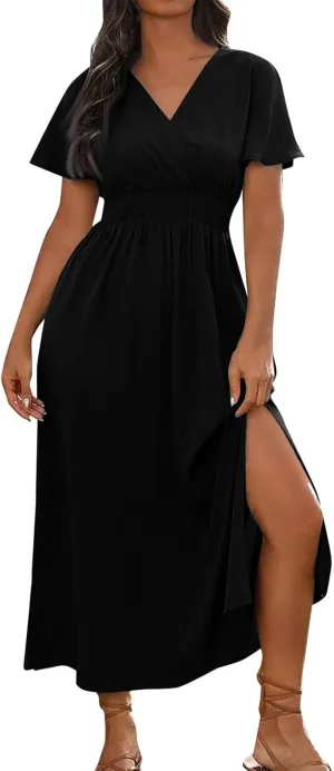 Womens Summer Wrap Maxi Dress Casual Boho Floral V Neck Short Sleeve Plus Size Hem Split Beach Long Dresses