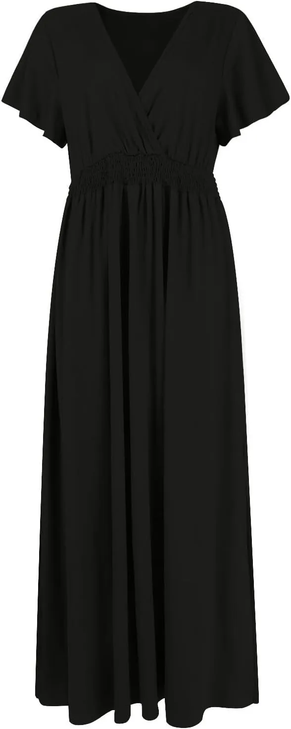 Womens Summer Wrap Maxi Dress Casual Boho Floral V Neck Short Sleeve Plus Size Hem Split Beach Long Dresses