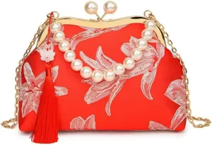 Women's Tassel Flower Pearl Portable Shell Bag Chain Shoulder Mouth Gold Bag