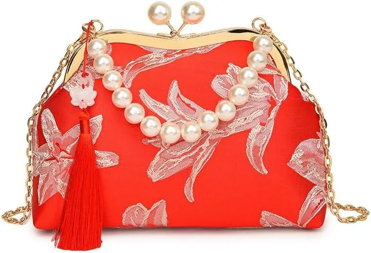 Women's Tassel Flower Pearl Portable Shell Bag Chain Shoulder Mouth Gold Bag