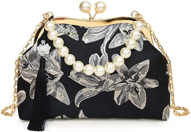 Women's Tassel Flower Pearl Portable Shell Bag Chain Shoulder Mouth Gold Bag