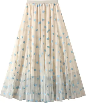 Womens Tiered Tulle Midi Skirt Elastic High Waist A-line Pleated Mesh Flared Cute Skirts