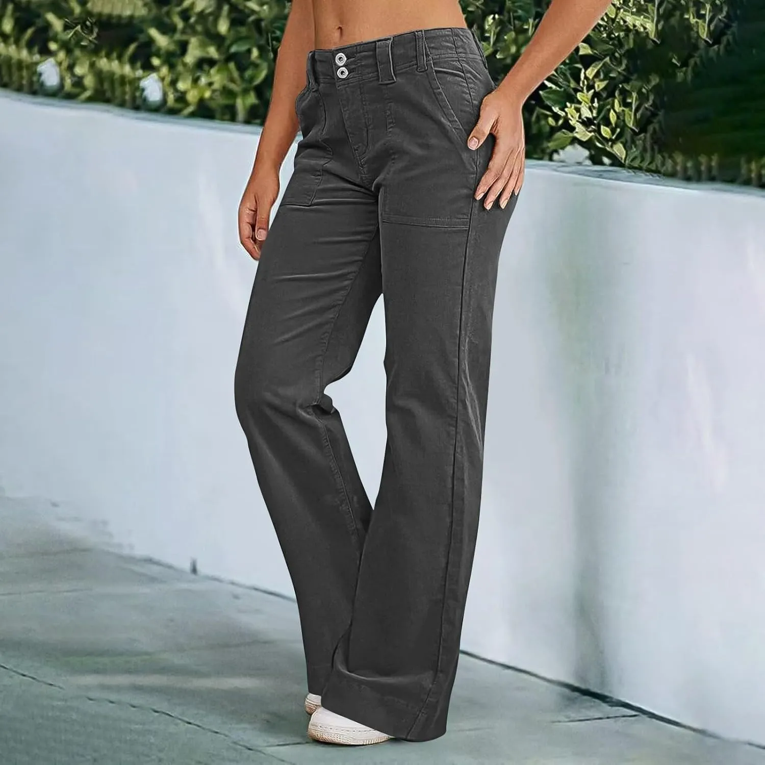 Womens Twill Wide Leg Pants Stretch Casual High Waisted Bootcut Chino Pants Baggy Flare Dress Pants with Pockets