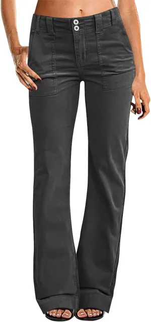Womens Twill Wide Leg Pants Stretch Casual High Waisted Bootcut Chino Pants Baggy Flare Dress Pants with Pockets