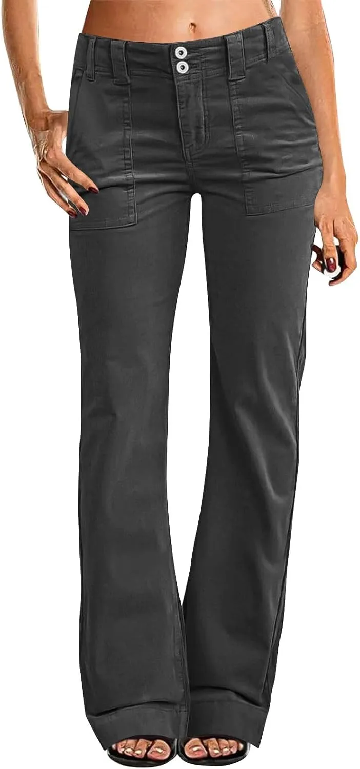 Womens Twill Wide Leg Pants Stretch Casual High Waisted Bootcut Chino Pants Baggy Flare Dress Pants with Pockets