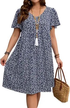 Women's Vintage Boho Floral Print V Neck Short Sleeve Dress Summer Loose A Line Plus Size Midi Dresses for Women 2025