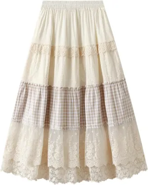 Womens Vintage Plaid Tulle Ruffle Skirts Elastic Waist A-line Pleated Embroidery Layered Midi Skirt