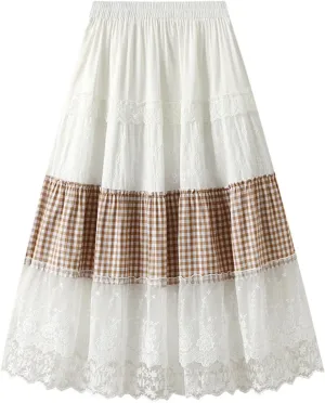 Womens Vintage Plaid Tulle Ruffle Skirts Elastic Waist A-line Pleated Embroidery Layered Midi Skirt