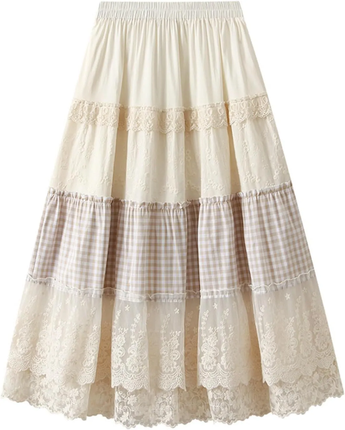 Womens Vintage Plaid Tulle Ruffle Skirts Elastic Waist A-line Pleated Embroidery Layered Midi Skirt