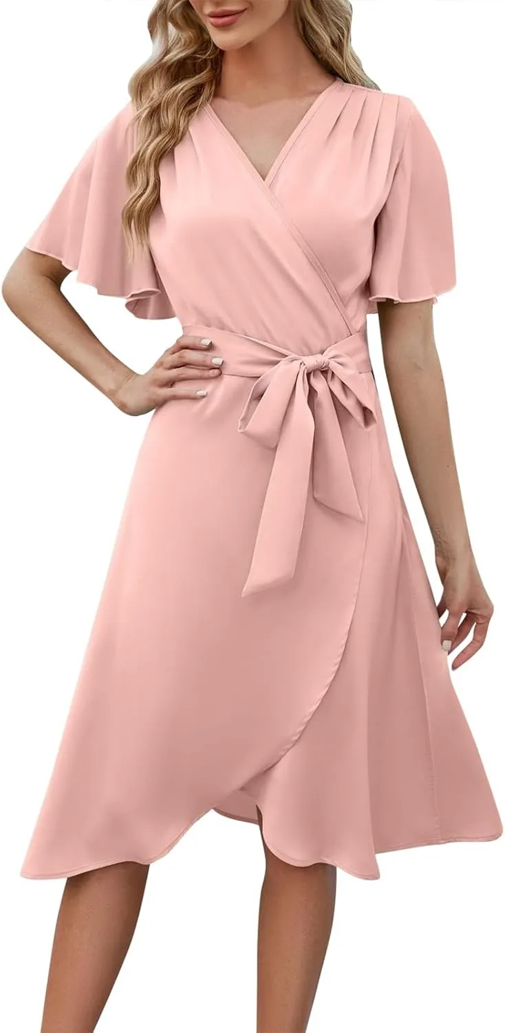 Women's Wedding Guest Dress Wrap V Neck Tiered Belted Short Flared Sleeve Boho Floral Print Dress for Graduation