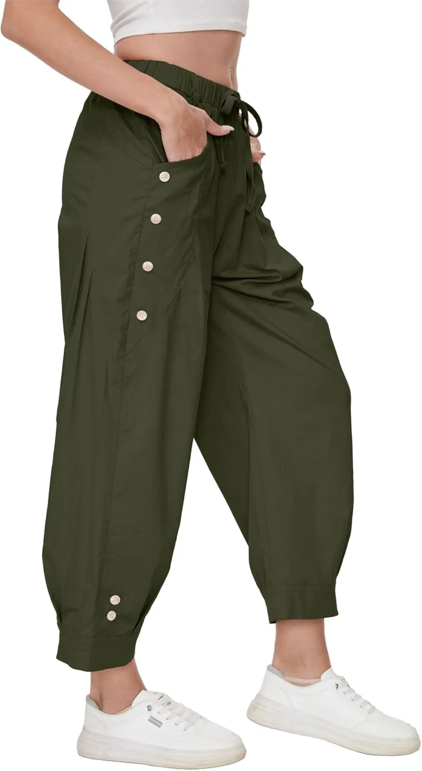 Women's Wide Leg Capri Pants Drawstring Elastic Waist Casual Pants Loose Fit Cinch Bottom Cropped Trousers with Pockets