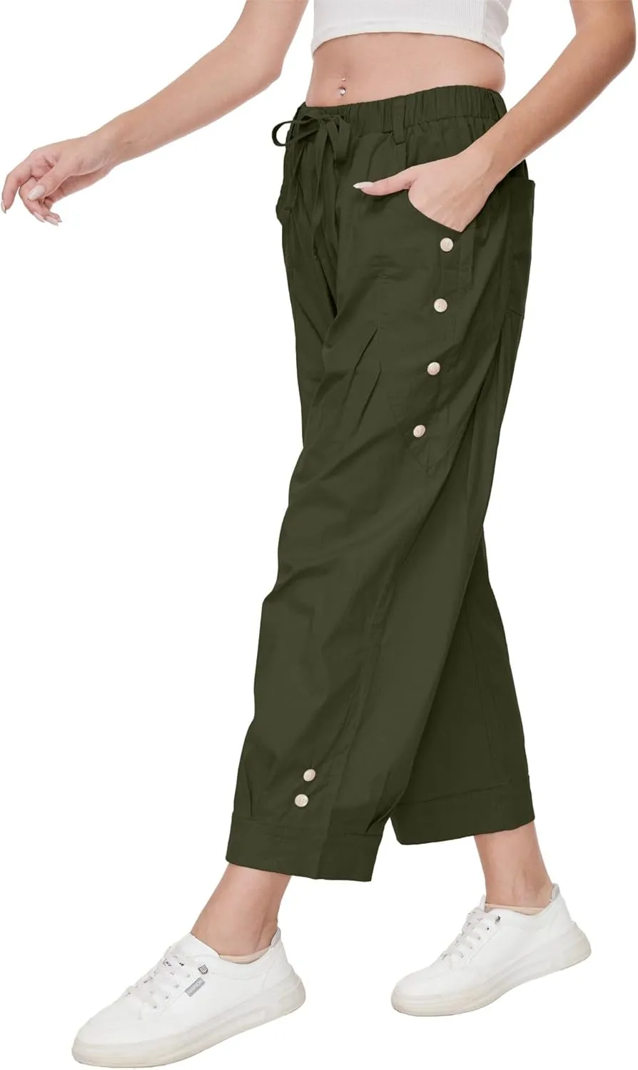 Women's Wide Leg Capri Pants Drawstring Elastic Waist Casual Pants Loose Fit Cinch Bottom Cropped Trousers with Pockets
