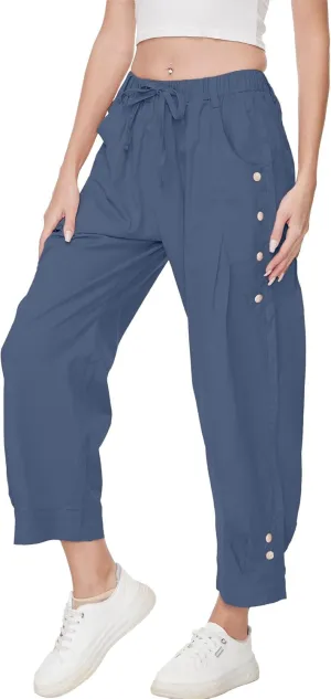 Women's Wide Leg Capri Pants Drawstring Elastic Waist Casual Pants Loose Fit Cinch Bottom Cropped Trousers with Pockets