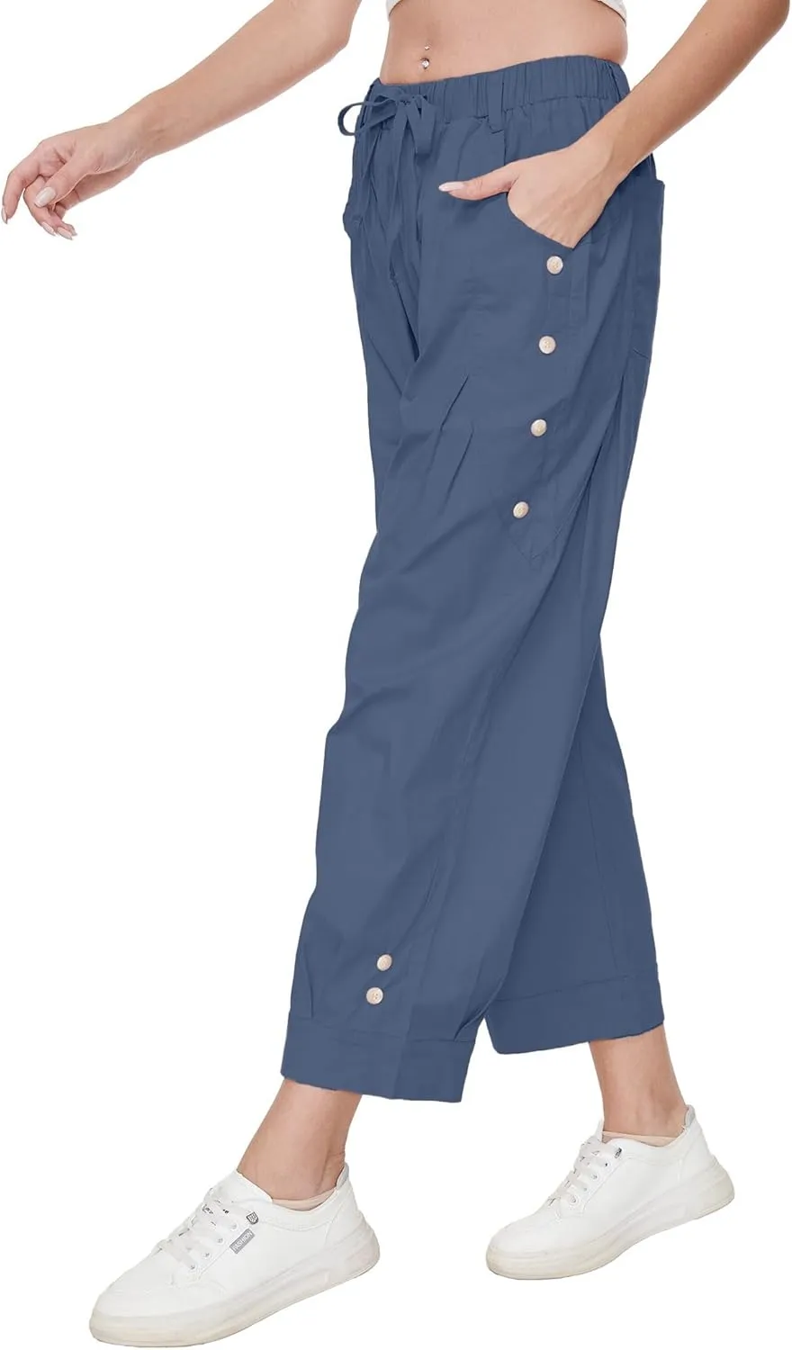 Women's Wide Leg Capri Pants Drawstring Elastic Waist Casual Pants Loose Fit Cinch Bottom Cropped Trousers with Pockets