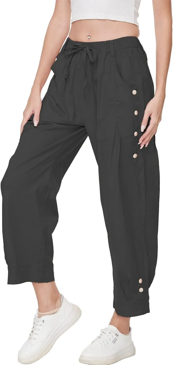 Women's Wide Leg Capri Pants Drawstring Elastic Waist Casual Pants Loose Fit Cinch Bottom Cropped Trousers with Pockets