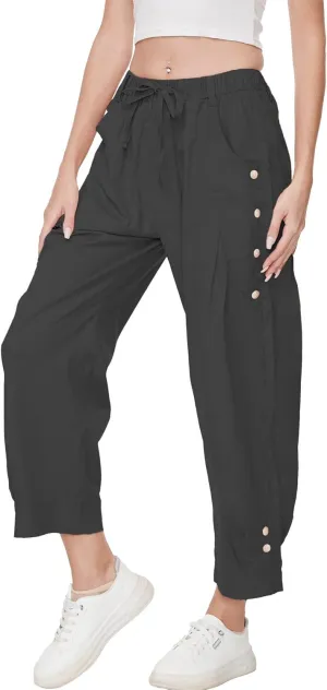Women's Wide Leg Capri Pants Drawstring Elastic Waist Casual Pants Loose Fit Cinch Bottom Cropped Trousers with Pockets