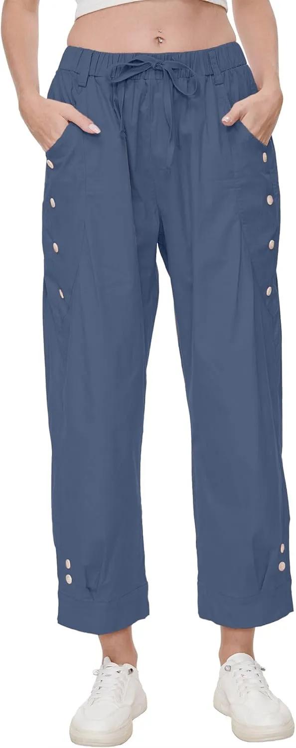 Women's Wide Leg Capri Pants Drawstring Elastic Waist Casual Pants Loose Fit Cinch Bottom Cropped Trousers with Pockets