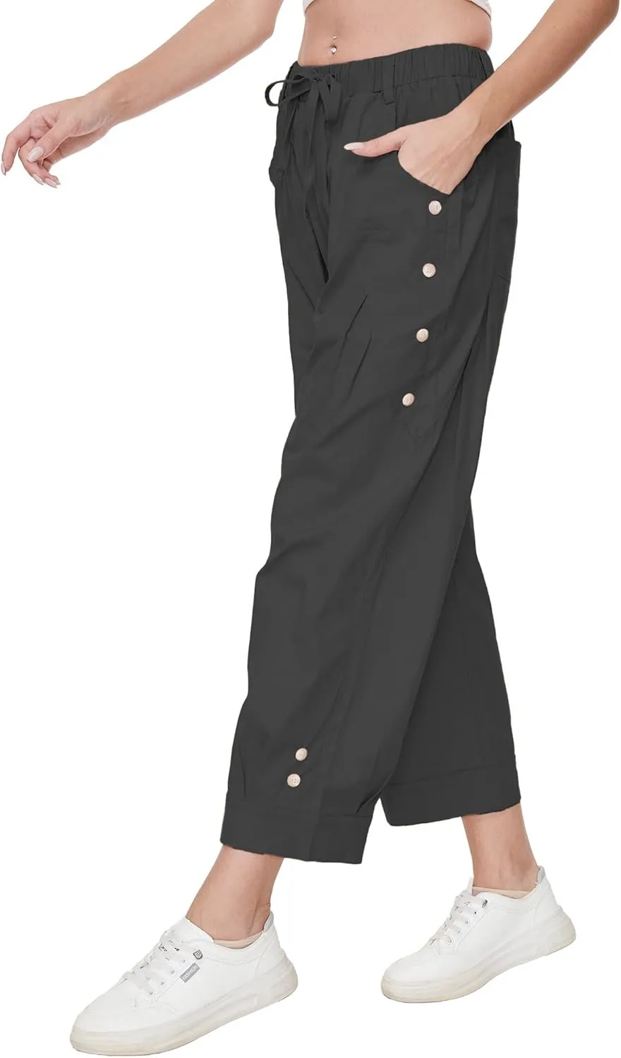 Women's Wide Leg Capri Pants Drawstring Elastic Waist Casual Pants Loose Fit Cinch Bottom Cropped Trousers with Pockets