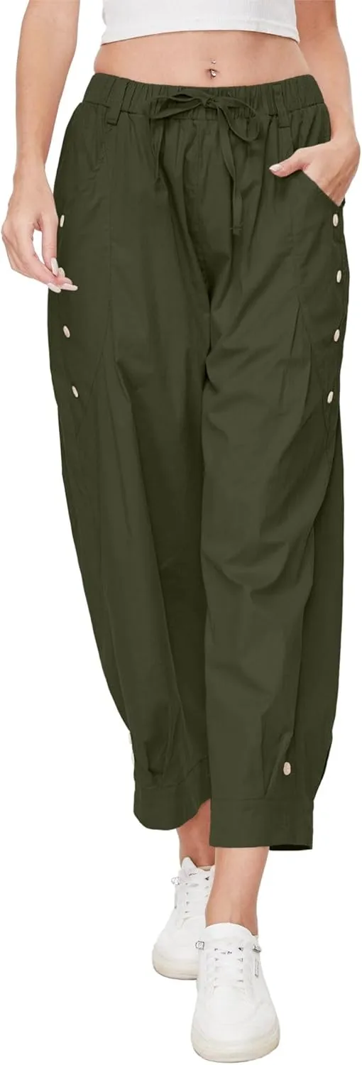 Women's Wide Leg Capri Pants Drawstring Elastic Waist Casual Pants Loose Fit Cinch Bottom Cropped Trousers with Pockets