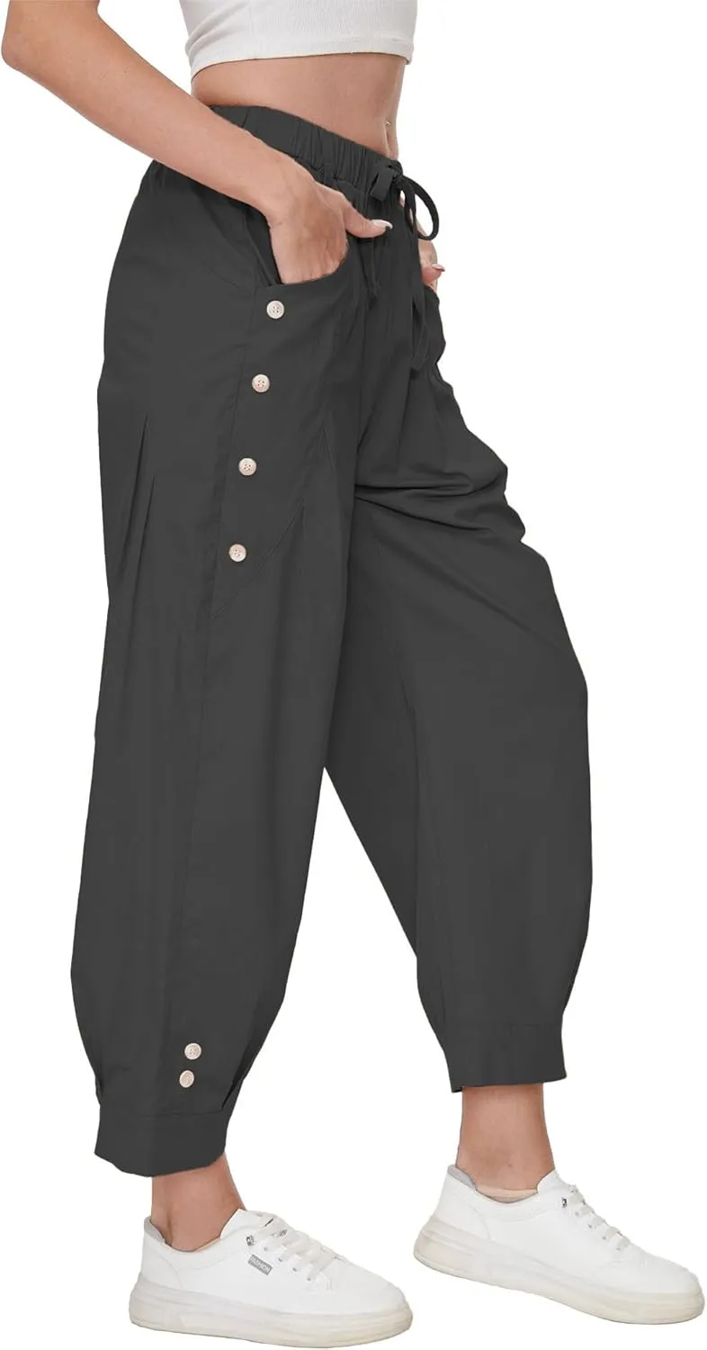 Women's Wide Leg Capri Pants Drawstring Elastic Waist Casual Pants Loose Fit Cinch Bottom Cropped Trousers with Pockets