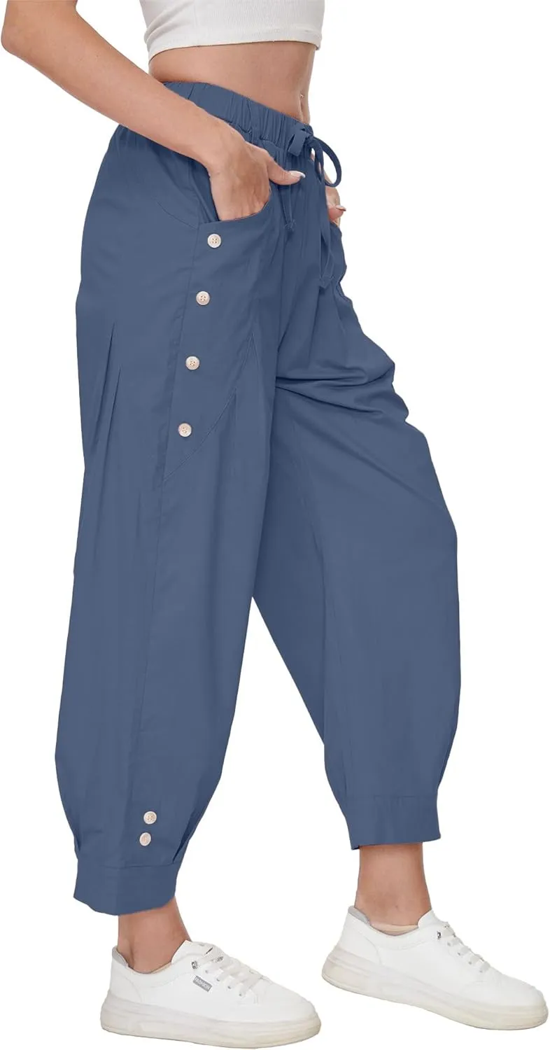 Women's Wide Leg Capri Pants Drawstring Elastic Waist Casual Pants Loose Fit Cinch Bottom Cropped Trousers with Pockets