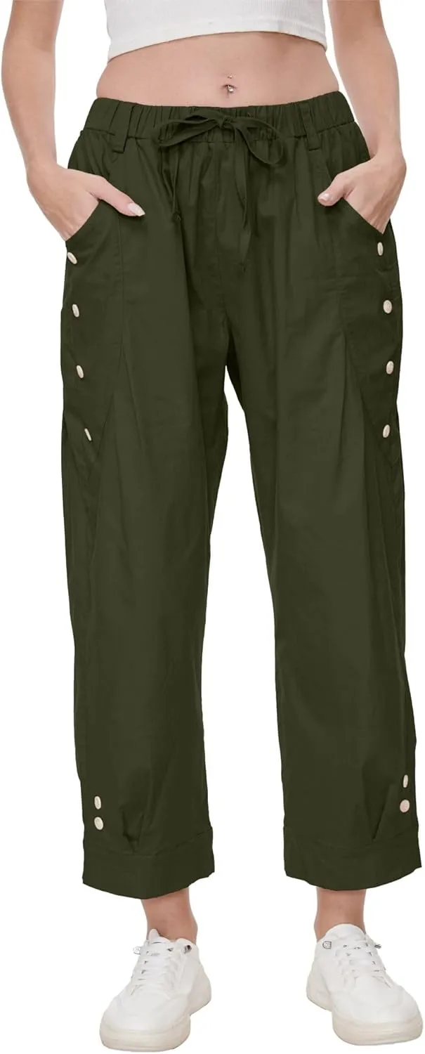 Women's Wide Leg Capri Pants Drawstring Elastic Waist Casual Pants Loose Fit Cinch Bottom Cropped Trousers with Pockets