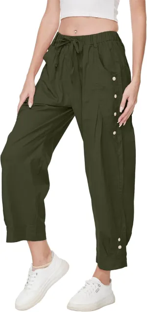 Women's Wide Leg Capri Pants Drawstring Elastic Waist Casual Pants Loose Fit Cinch Bottom Cropped Trousers with Pockets