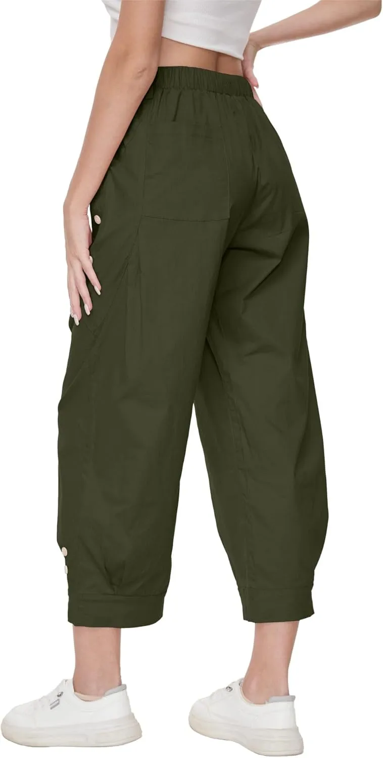 Women's Wide Leg Capri Pants Drawstring Elastic Waist Casual Pants Loose Fit Cinch Bottom Cropped Trousers with Pockets