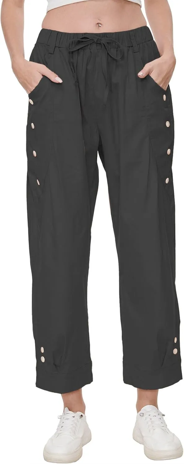Women's Wide Leg Capri Pants Drawstring Elastic Waist Casual Pants Loose Fit Cinch Bottom Cropped Trousers with Pockets