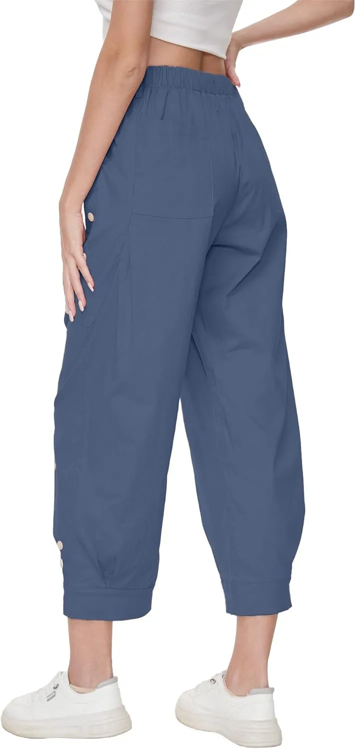 Women's Wide Leg Capri Pants Drawstring Elastic Waist Casual Pants Loose Fit Cinch Bottom Cropped Trousers with Pockets
