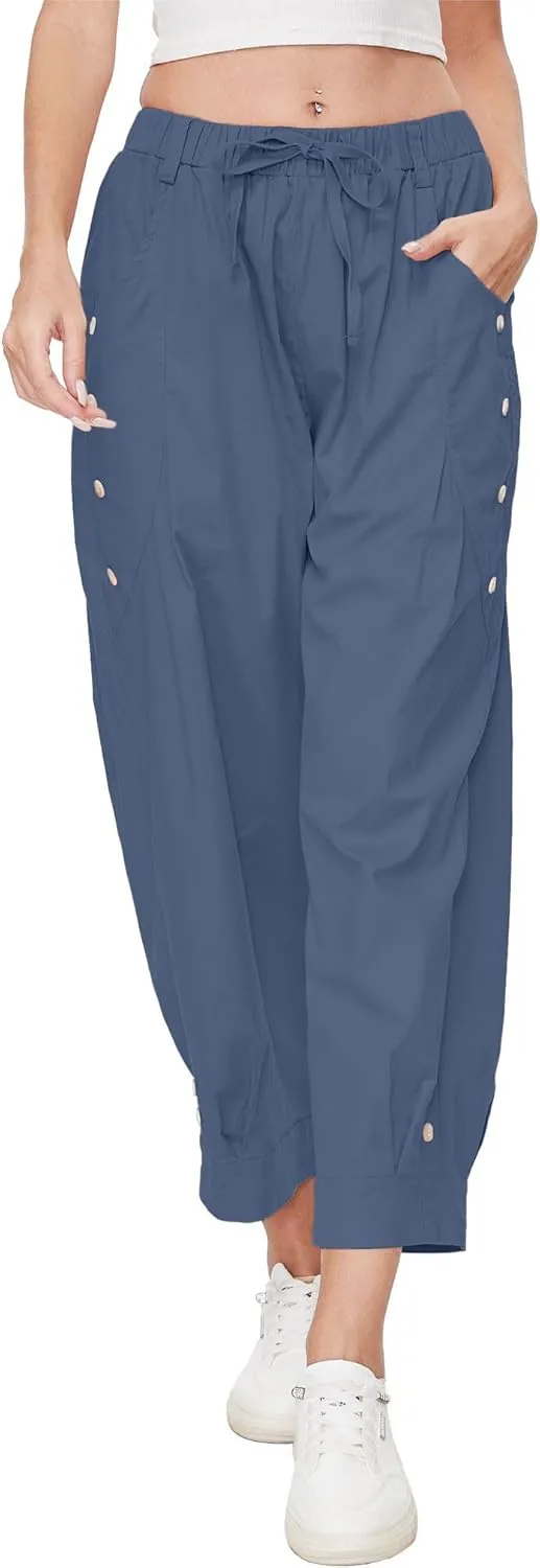 Women's Wide Leg Capri Pants Drawstring Elastic Waist Casual Pants Loose Fit Cinch Bottom Cropped Trousers with Pockets