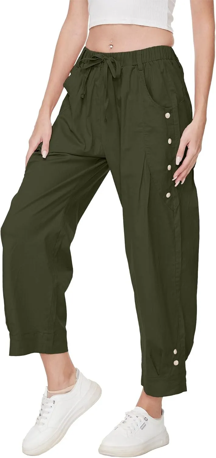 Women's Wide Leg Capri Pants Drawstring Elastic Waist Casual Pants Loose Fit Cinch Bottom Cropped Trousers with Pockets