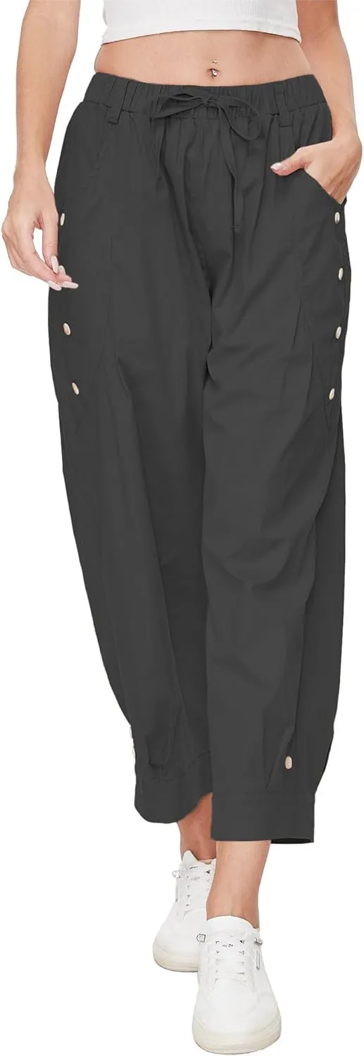 Women's Wide Leg Capri Pants Drawstring Elastic Waist Casual Pants Loose Fit Cinch Bottom Cropped Trousers with Pockets