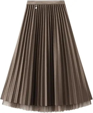 Women's Winter Reversible Stretchy Waist Knitted A Line Pleated Midi Skirt Tulle Skirt Elastic High Waist Midi Skirt, Coffee