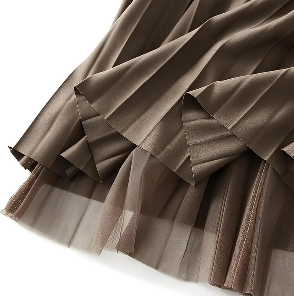 Women's Winter Reversible Stretchy Waist Knitted A Line Pleated Midi Skirt Tulle Skirt Elastic High Waist Midi Skirt, Coffee