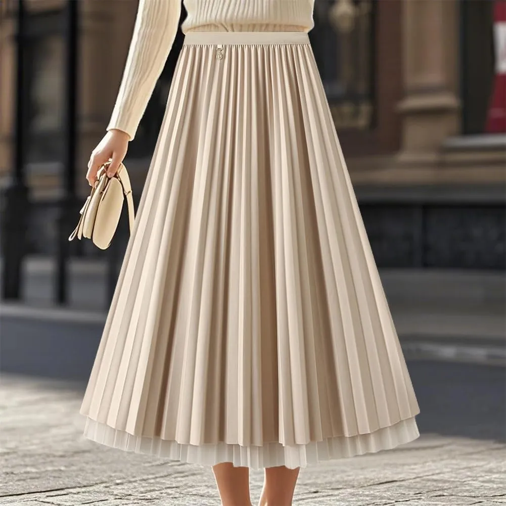 Women's Winter Reversible Stretchy Waist Knitted A Line Pleated Midi Skirt Tulle Skirt Elastic High Waist Midi Skirt, Coffee