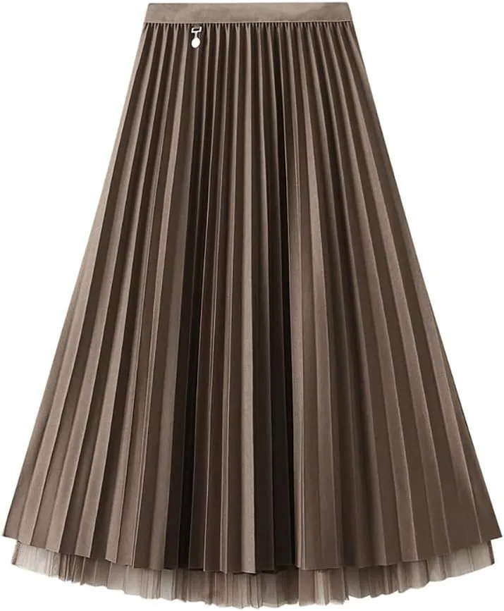 Women's Winter Reversible Stretchy Waist Knitted A Line Pleated Midi Skirt Tulle Skirt Elastic High Waist Midi Skirt, Coffee