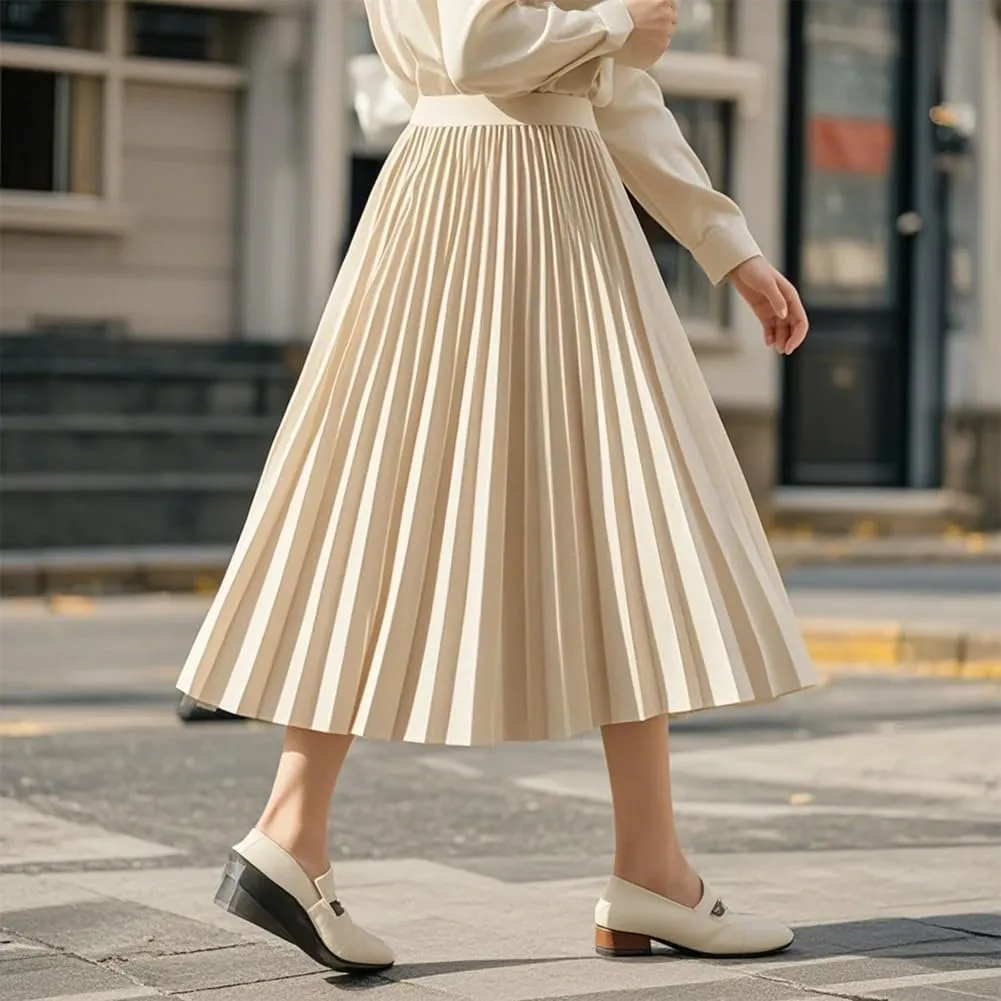 Women's Winter Reversible Stretchy Waist Knitted A Line Pleated Midi Skirt Tulle Skirt Elastic High Waist Midi Skirt, Coffee