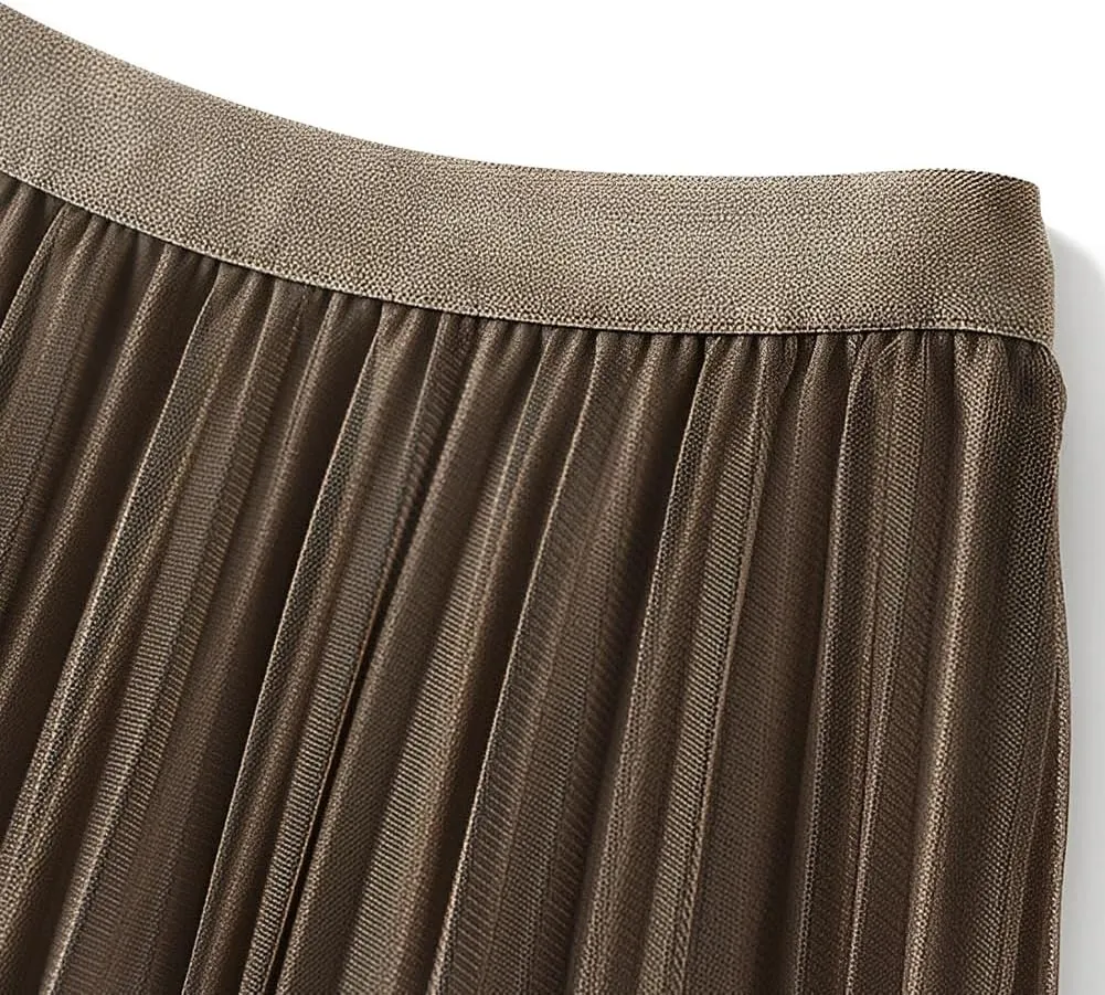 Women's Winter Reversible Stretchy Waist Knitted A Line Pleated Midi Skirt Tulle Skirt Elastic High Waist Midi Skirt, Coffee