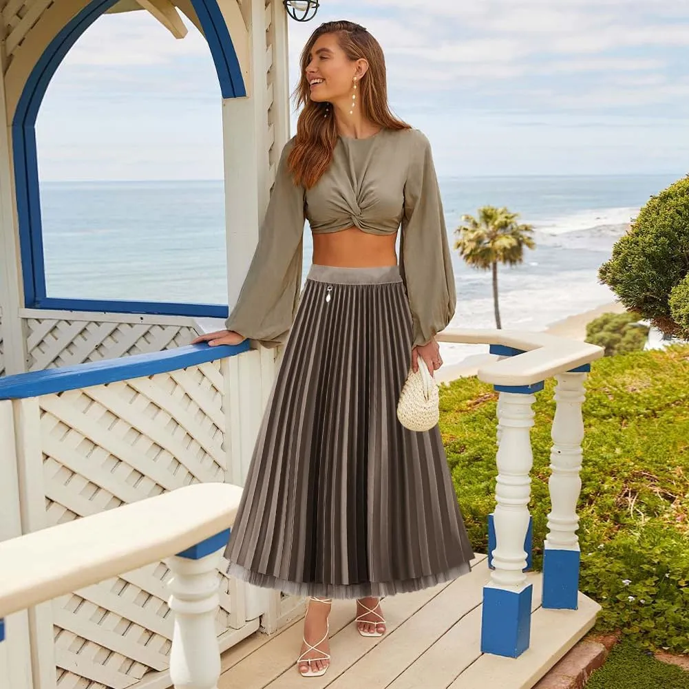 Women's Winter Reversible Stretchy Waist Knitted A Line Pleated Midi Skirt Tulle Skirt Elastic High Waist Midi Skirt, Coffee